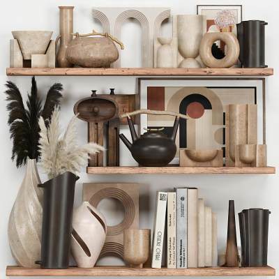 现代摆件组合 花瓶干支 抽象挂画 茶壶 陶瓷器皿